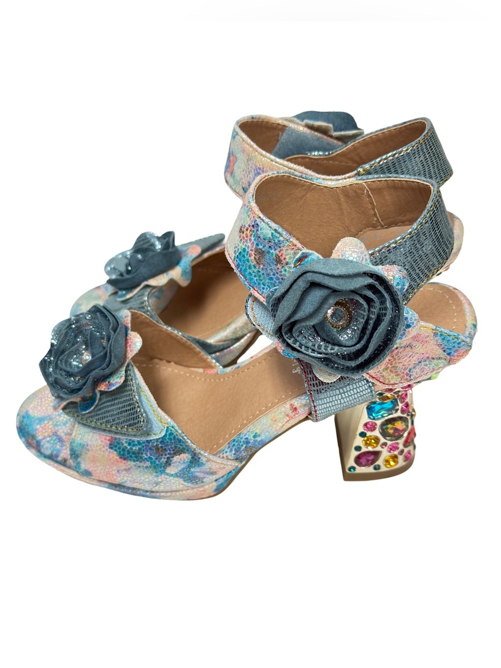 L'ARTISTE Smashing Blue Floral Sandal Multicolor Jeweled Block Heel - Picture 7 of 13